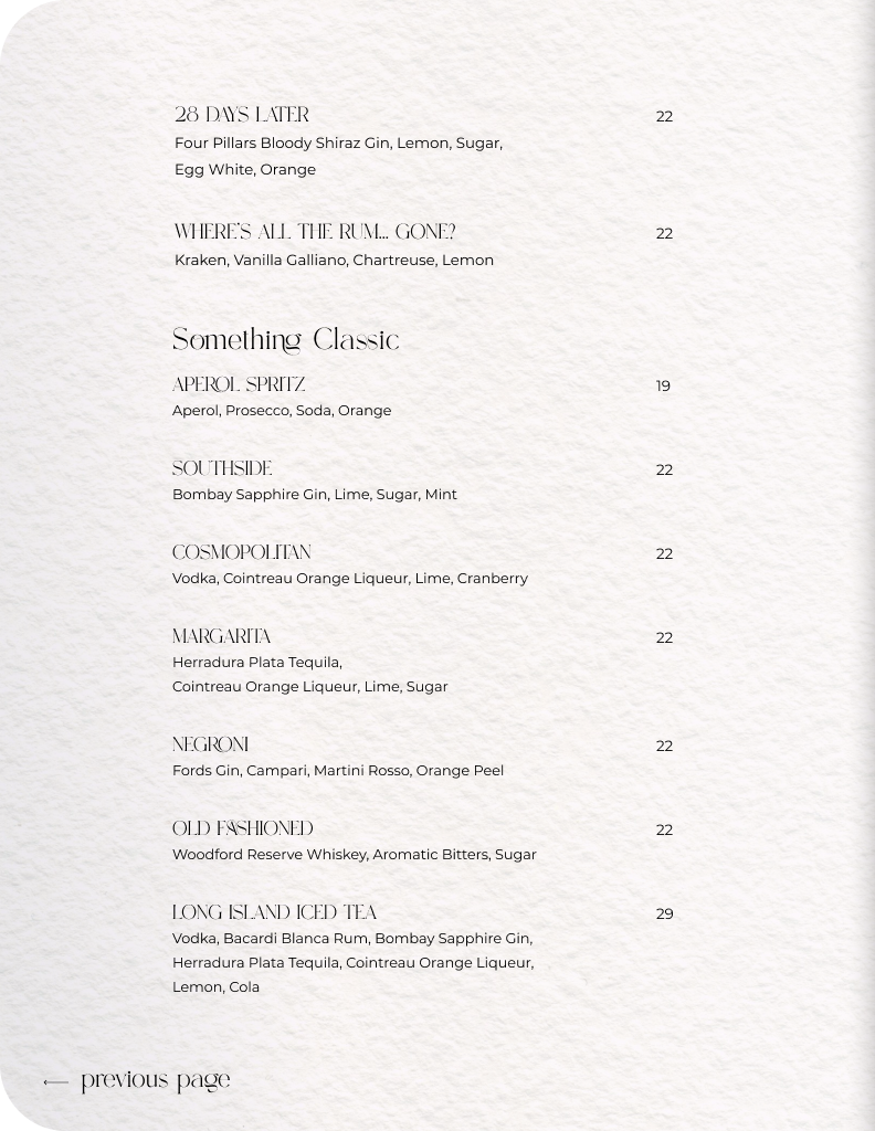 Bar menu