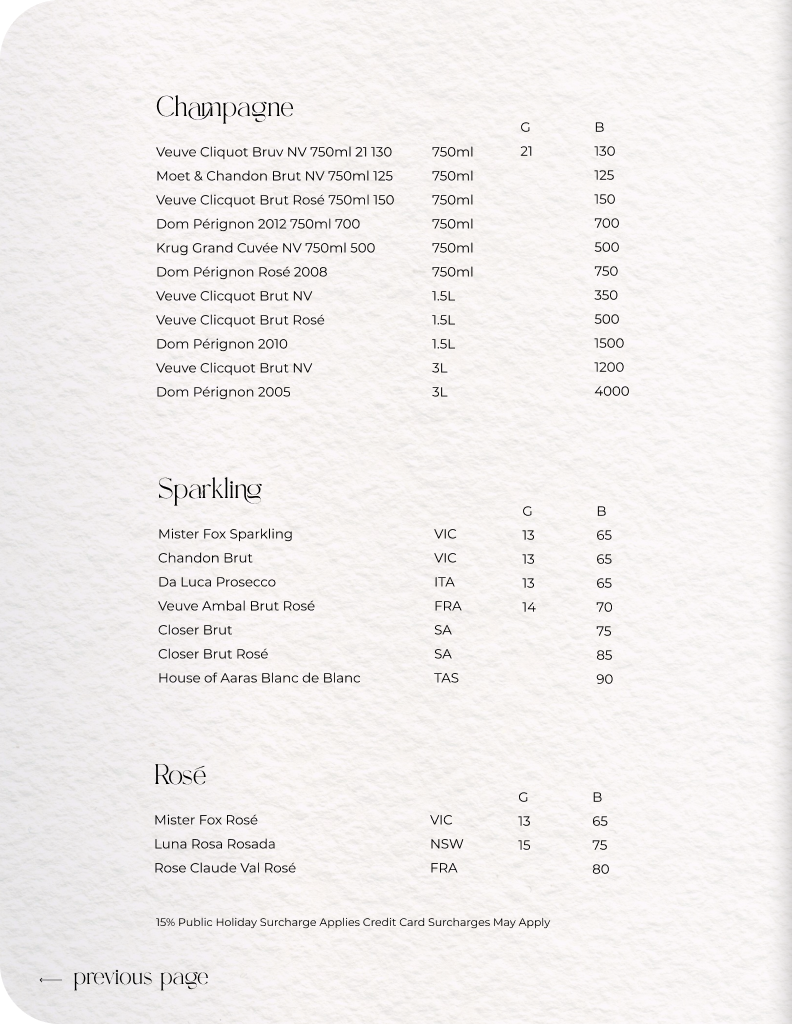 Bar menu