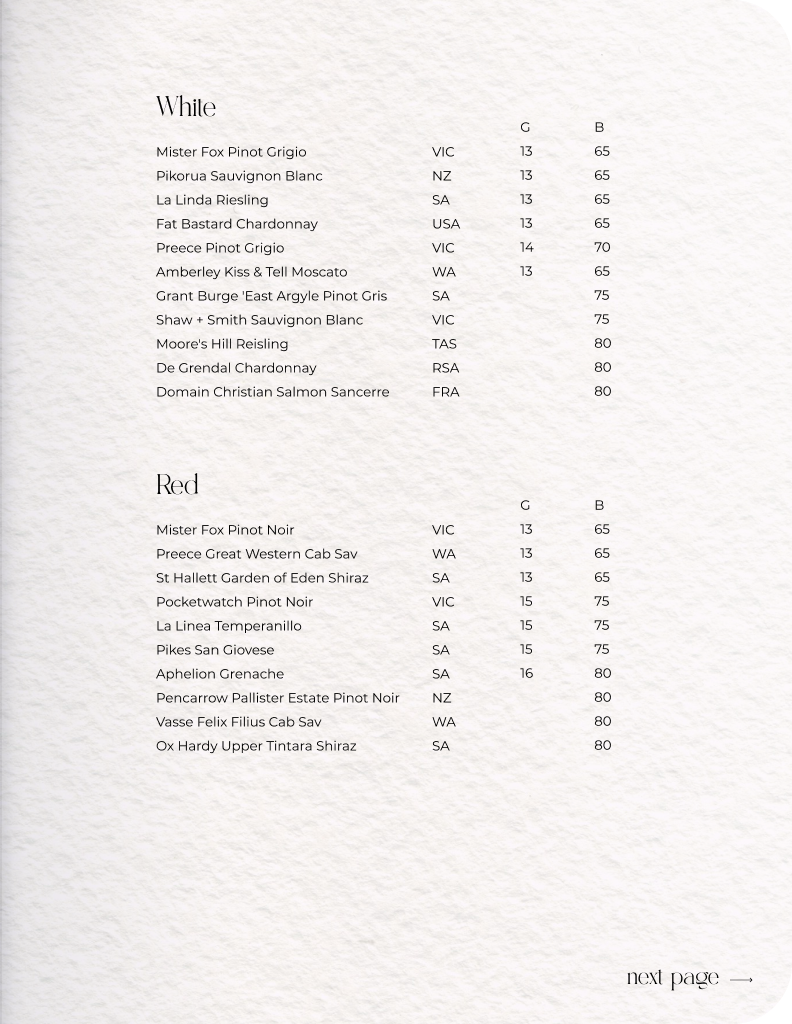 Bar menu